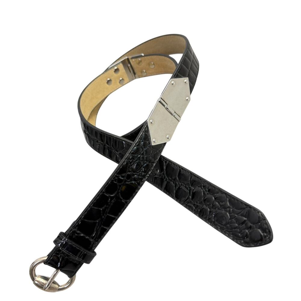 Chicos Leather Waist Belt M Womens Black Silver Buckle Hinge Croc Embossed 1.25"